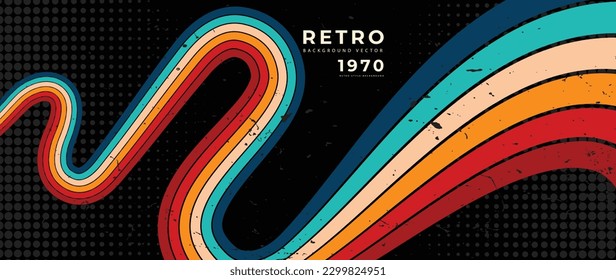 Abstract retro 70s background vector. Colorful vintage 1970 grunge stylish wallpaper with lines, stripes, curve shapes. Illustration design suitable for poster, banner, decorative, wall art.