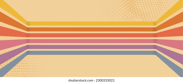 Abstract retro 70s background vector. Colorful vintage 1970 stylish wallpaper with lines, stripes, circle, dot shapes. Illustration design suitable for poster, banner, decorative, wall art.
