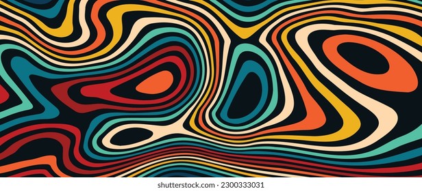 Abstract retro 70s background vector. Colorful vintage 1970 stylish wallpaper with swirl psychedelic shapes. Illustration design suitable for poster, banner, decorative, wall art.