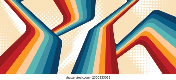 Resumen del vector de fondo retro 70. Papel pintado de color de 1970 elegante con líneas, rayas, curvas y formas de círculo. Diseño ilustrativo adecuado para afiches, banner, decorativo, arte mural.