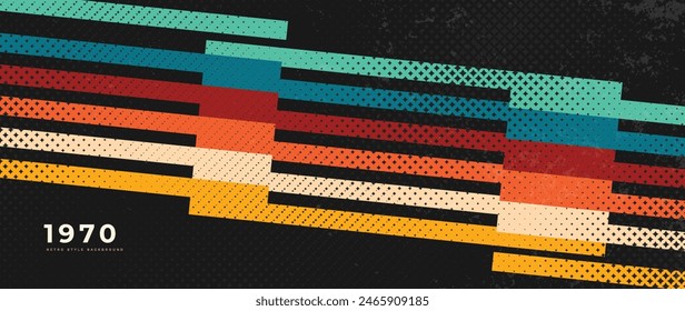 Abstract retro 70s background vector. Colorful vintage 1970 grunge stylish wallpaper with lines, stripes, curve shapes. Illustration design suitable for poster, banner, decorative, wall art.