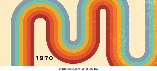 Abstract retro 70s background vector. Colorful vintage 1970 grunge stylish wallpaper with lines, stripes, curve shapes. Illustration design suitable for poster, banner, decorative, wall art.