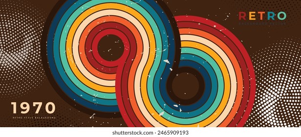 Abstract retro 70s background vector. Colorful vintage 1970 grunge stylish wallpaper with lines, stripes, curve shapes. Illustration design suitable for poster, banner, decorative, wall art.