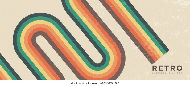 Abstract retro 70s background vector. Colorful vintage 1970 grunge stylish wallpaper with lines, stripes, curve shapes. Illustration design suitable for poster, banner, decorative, wall art.