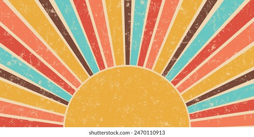 Abstract Retro 70s colorful sun with rays on vintage background. Groovy banner, poster or postcard. Vector illustration.