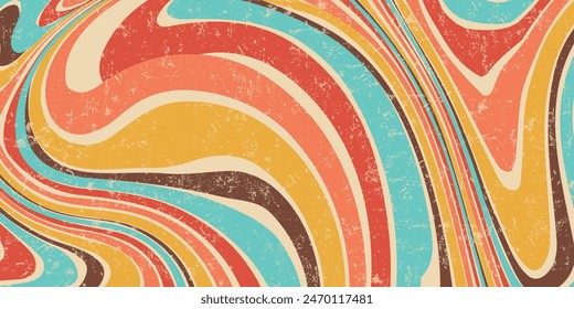 Abstract Retro 70s colorful sun with rays on vintage background. Groovy banner, poster or postcard. Vector illustration.