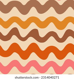 Resumen de ondas retro de los años 70 sin fisuras en color marrón, naranja, mostaza y rosa sobre fondo beige.  Para antecedentes retro, decoración del hogar y afiches	