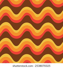 Abstractas retro 70s groovy ondas sin patrón en amarillo, naranja y rojo sobre fondo marrón. Para fondos retro, decoración del hogar y carteles