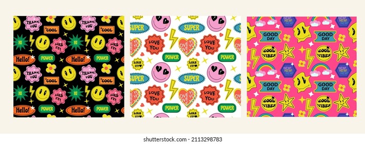 Abstract Retro 70s patches Stickers seamless Patterns set. Pins, Stamps, Stickers collection of backgrounds. Funny cute comic Characters cartoon style. Vector illustration