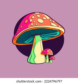Resumen Retro 70 ilustración psicodélica de hongos hippie Vector aislado. Arte Groovy. Vector de la ilustración de hongos multicolor. para copiar espacio y activos de diseño. para imprimir camisetas. Logo de mascota de hongos