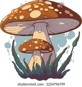 Resumen Retro 70 ilustración psicodélica de hongos hippie Vector aislado. Arte Groovy. Vector de la ilustración de hongos multicolor. para copiar espacio y activos de diseño. para imprimir camisetas. Logo de mascota de hongos