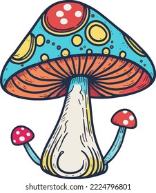 Abstract Retro 70's psychedelic hippie mushroom illustration Vector isolated.Groovy art. Multicolor mushroom illstration vector. for copy space and design asset. for tshirt print. Mushroom mascot logo