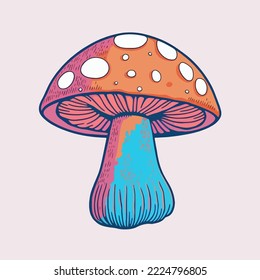 Abstract Retro 70's psychedelic hippie mushroom illustration Vector isolated.Groovy art. Multicolor mushroom illstration vector. for copy space and design asset. for tshirt print. Mushroom mascot logo