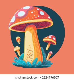 Abstract Retro 70's psychedelic hippie mushroom illustration Vector isolated.Groovy art. Multicolor mushroom illstration vector. for copy space and design asset. for tshirt print. Mushroom mascot logo