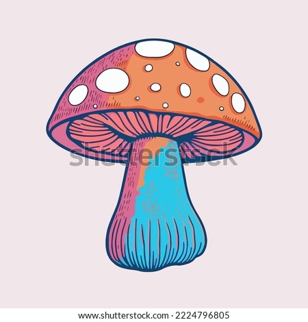 Abstract Retro 70's psychedelic hippie mushroom illustration Vector isolated.Groovy art. Multicolor mushroom illstration vector. for copy space and design asset. for tshirt print. Mushroom mascot logo