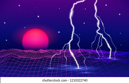 Abstract retro 80s styled futuristic landscape with purple neon sun or moon and lightning in digital space with shiny grid for party poster, flyer or mix cover