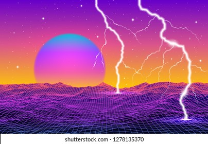 Abstract retro 80s styled futuristic landscape with purple neon sun or moon and lightning in digital space with shiny grid for party poster, flyer or mix cover