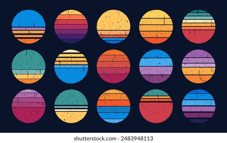 Abstract retro 80s sunset. Groovy ocean striped sunsets. Grunge colorful gradient circle badges. Vintage textured sea round shapes. Tropical surf sunlight emblems. Vector set.