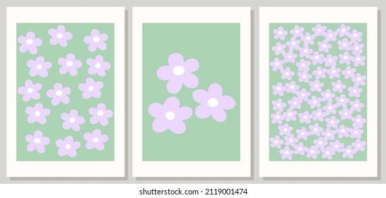 Abstract retro aesthetic backgrounds set with groovy daisy flowers. Vintage floral mid century art. Flower market print. Hippie 60s, 70s, 80s style. Danish pastel wall art. Flower power posters set.