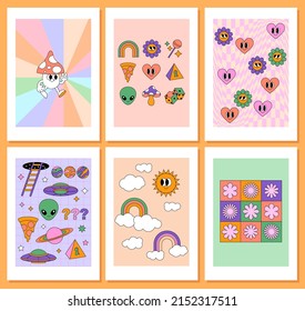 Abstract Retro Aesthetic Backgrounds Set With Fun Groovy Illustrations. Preppy Wall Art. Danish Pastel Aesthetics. Trendy Prints. Happy Hippie 60s, 70s, 80s Cartoon Comic Style.