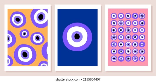 Abstract retro aesthetic backgrounds set with Turkish Evil Eye. Nazar Boncuk posters collection. Modern trendy wall art prints. Spiritual esoteric art. Funky, vintage style.