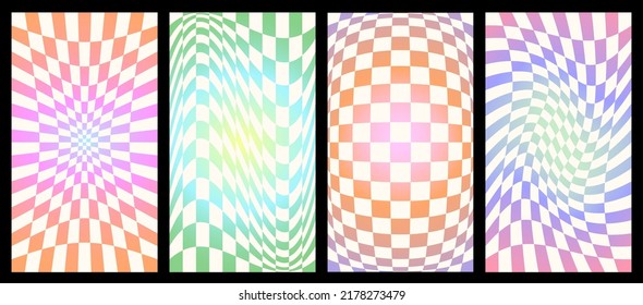 Abstract retro aesthetic backgrounds set with groovy hippie patterns. Twisted, distorted, checkerboard, chessboard, mesh, waves texture. Trendy retro psychedelic style. Ig stories templates collection