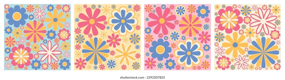 Abstract retro aesthetic backgrounds set with groovy daisy flowers. Vintage floral mid century art prints. Hippie 60s, 70s, 80s style. Danish pastel wall art 