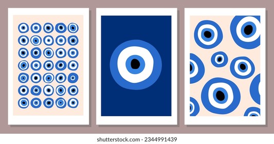 Abstract retro aesthetic backgrounds set with Turkish Evil Eye. Nazar Boncuk vintage posters collection. Modern trendy wall art prints. Spiritual esoteric art.