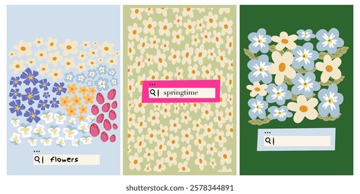 Abstract retro aesthetic backgrounds set with groovy daisy flowers. Spring flowers retro posters. Floral banner for decoration Spring events. Illustrations for a flower shop, social media, prints