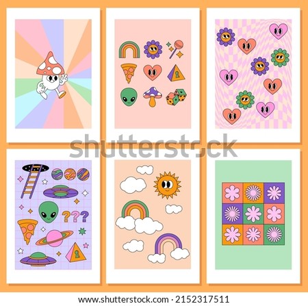 Abstract retro aesthetic backgrounds set with fun groovy illustrations. Preppy wall art. Danish pastel aesthetics. Trendy prints. Happy hippie 60s, 70s, 80s cartoon comic style.