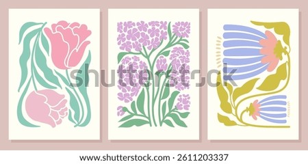 Abstract retro aesthetic backgrounds set with doodle flowers. Vintage floral mid century art prints. Danish pastel botanical wall art. Modern naive  interior decorations, paintings, posters.
