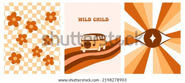 Abstract retro aesthetic backgrounds set with groovy\
flowers. Vintage travel car art print. Hippie 60s, 70s, 80s style.\
pastel wall art.