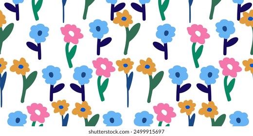 Abstract retro aesthetic groovy daisy flowers. Vintage floral mid century art prints. Hand drawn set, boho groovy style. Vector illustration. Seamless pattern aesthetic groovy  flower 
