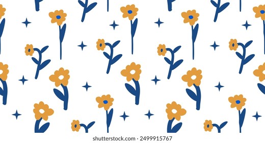 Abstract retro aesthetic groovy daisy flowers. Vintage floral mid century art prints. Hand drawn set, boho groovy style. Vector illustration. Seamless pattern aesthetic groovy  flower 