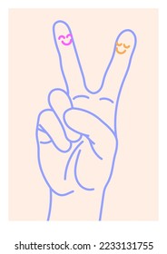 Abstract retro aesthetic groovy poster. Hand victory V or peace sign gesture illustration. Vintage mid century art print. Hippie 60s, 70s style. Danish pastel wall decor.