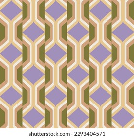 Abstract Retro Art Deco Decorative Psychedelic Colorful Geometric Vector Seamless Pattern Trendy Fashion Colors Perfect for Allover Fabric Print or Wrapping Paper Wall Paper Olive Green Lilac Tones