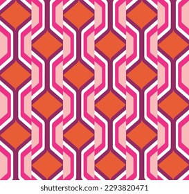 Abstract Retro Art Deco Decorative Psychedelic Colorful Geometric Vector Seamless Pattern Trendy Fashion Colors Perfect for Allover Fabric Print or Wrapping Paper Wall Paper Orange Fuchsia Tones