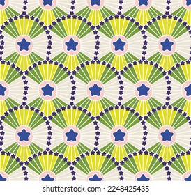 Abstract Retro Art Deco Fan Stars Geometric Vector Seamless Pattern Trendy Fashion Sweet Colors Perfect for Allover Fabric Print or Wrapping Paper Blue Green Tones