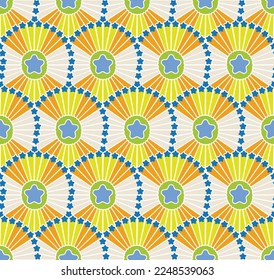 Abstract Retro Art Deco Fan Stars Geometric Vector Seamless Pattern Trendy Fashion Sweet Colors Perfect for Allover Fabric Print or Wrapping Paper Orange Neon Yellow Tones
