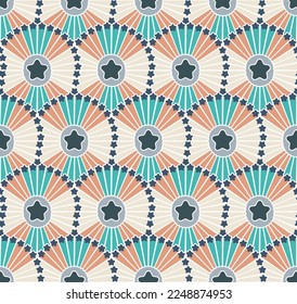 Abstract Retro Art Deco Fan Stars Geometric Vector Seamless Pattern Trendy Fashion Sweet Colors Perfect for Allover Fabric Print or Wrapping Paper Peach Pink Tiffany Blue Tones