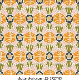 Abstract Retro Art Deco Fan Stars Geometric Vector Seamless Pattern Trendy Fashion Sweet Colors Perfect for Allover Fabric Print or Wrapping Paper Olive Green Orange Pastel Pink Tones
