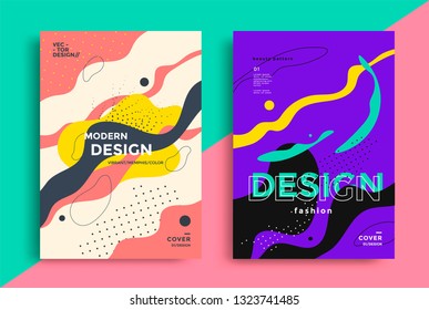 Abstract Retro Art Poster Design With Liquid Shapes. Vector Composition With Dots And Line In Geometric Memphis Style.