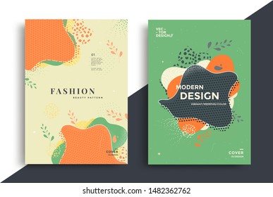 Abstract retro art poster design with liquid shapes. Vector composition with dots and line in geometric Memphis style.