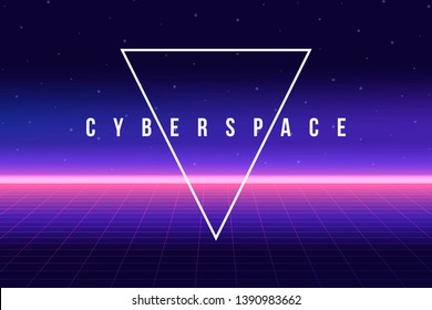 Abstract retro background, 80s style. Futuristic digital landscape, neon party flyer. Vector illustration.