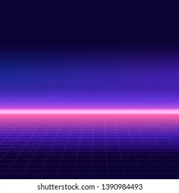 Abstract retro background, 80s style. Futuristic digital landscape, neon party flyer. Vector illustration.