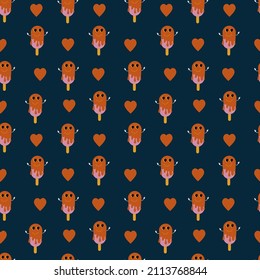 Abstract retro background with cartoon characters. Pattern with cartoon background of ice cream sticker on a stick. Vector textile substrate with retro cartoon style elements. Vector illustration