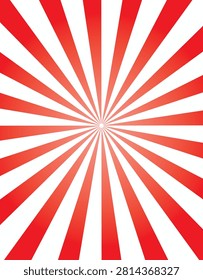 Abstract retro background featuring a classic carnival or circus sunburst pattern with red and white radial rays. Dynamic straight beams expand from the center with a soft gradient effect, creating a vintage pop art comic book or festive backdrop for posters and banners.