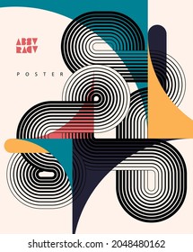 Abstract retro background. Geometric poster with circle lines and patterns. Vector template.