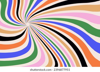 Abstract retro background in groovy style. Colorful distorted sunbursts pattern. Trendy design in 60-70s hippie style