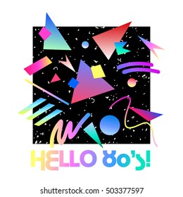 Abstract retro  background with lettering HELLO 80'S!. Memphis geometric fashion style . Hip Hop style good for vintage textile fabric design, wrapping paper stickers and patch . Vector illustration.
